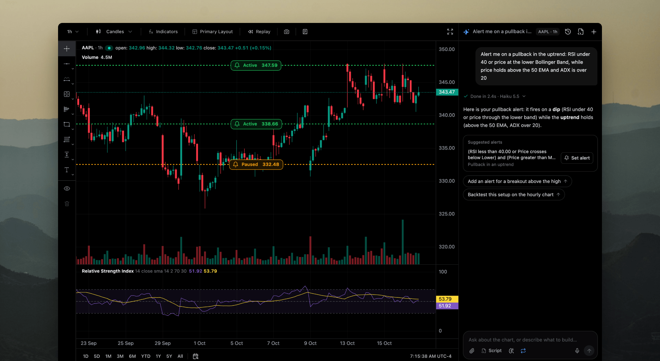 Flow Agent suggesting a bracketed pullback alert beside an AAPL chart
